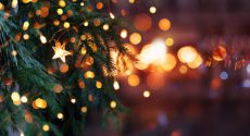 Christmas tree with garland lights. Evening city with blurred background and bright lights